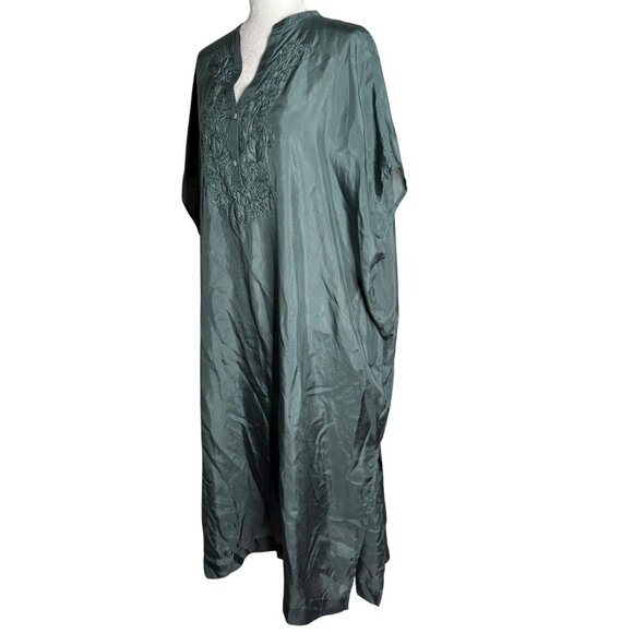 Oysho Silk Embroidered Kaftan Dress Size S Green V Neck Light Slightly Sheer NEW - Picture 4 of 10